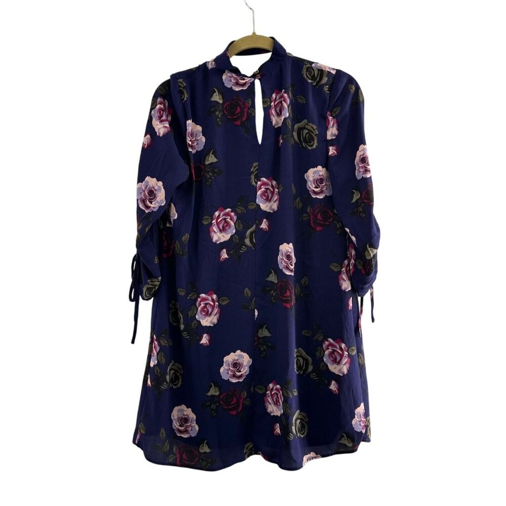 Speechless Floral Navy Blue Dress 3/4 Sleeves Tie Back Keyhole Detail L Choker - Picture 2 of 7